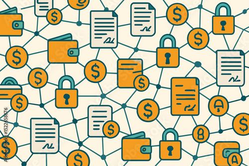 Financial technology network showcasing digital currency wallets and secure transactions represented by locks and documents