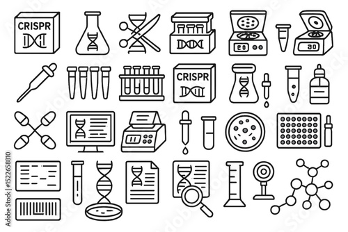Scientific icons representing DNA editing and biotechnology in a minimalist design on a white background