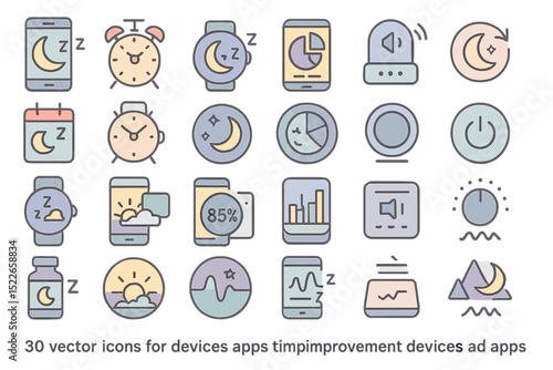 Collection of 30 vector icons showcasing sleep, health, and productivity themes for app design and development