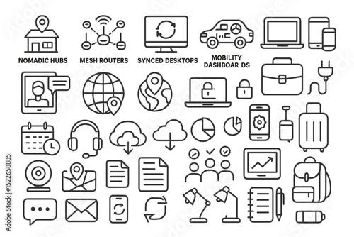 Remote work and digital nomad icon set with devices and cloud tools