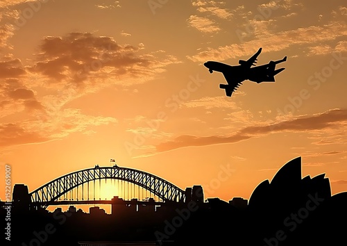 A Silhouette of Sydney and the plane coming in to land 