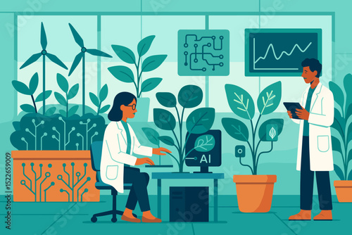 Scientists researching artificial intelligence and sustainability in a modern lab with greenery during the day