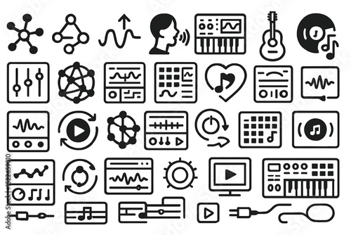 Icons representing music production, sound editing, and digital media on a plain background