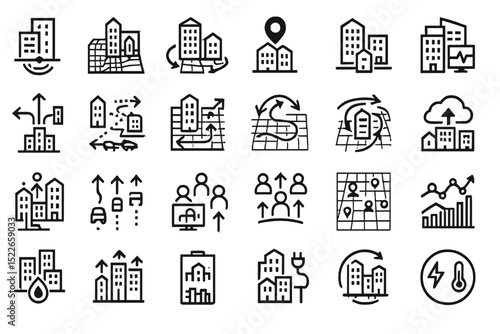 Urban development and real estate planning concepts illustrated through simple icons showcasing various activities and interactions