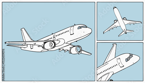 Plane vector. Airplane in all point of view. Airliner in front side and top on blue background   