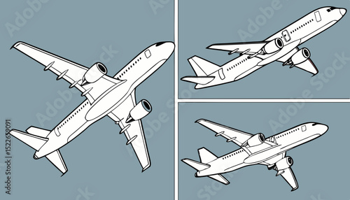 Plane vector. Airplane in all point of view. Airliner in front side and top on blue background   