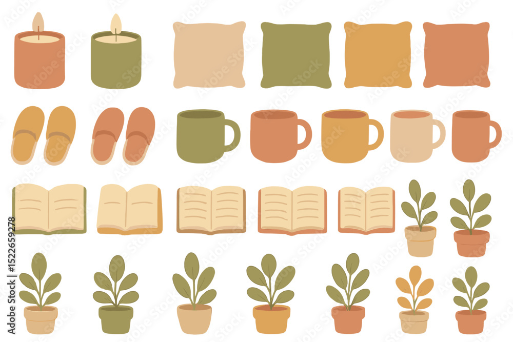 Cozy home decor items arranged with candles, cushions, mugs, slippers, and plants for a warm ambiance Cozy home decor items arranged with candles, cushions, mugs, slippers, and plants for a warm ambiance