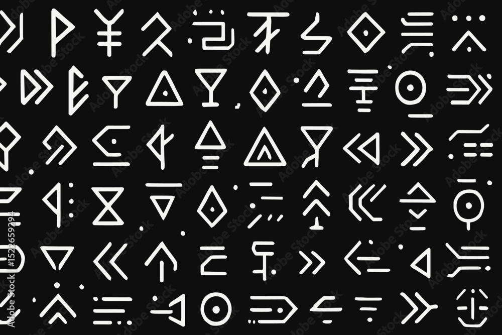 Abstract white symbols arranged in a grid pattern on a contrasting black background showcasing unique designs created for artistic expression Abstract white symbols arranged in a grid pattern on a contrasting black background showcasing unique designs created for artistic expression