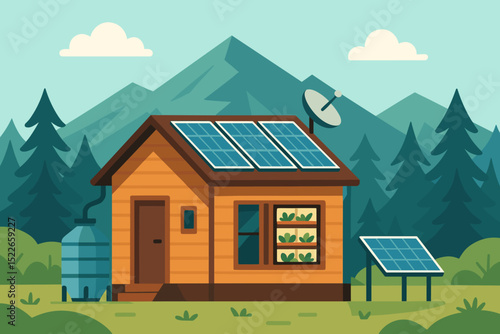 Solar-powered cabin in the mountains with garden and water tank surrounded by lush pine trees
