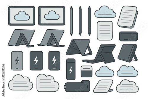 Digital workspace items and cloud symbols illustrated for modern technology themes and creativity