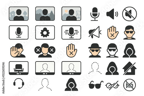 Digital communication icons representing online interaction, privacy features, and audio settings in various scenarios
