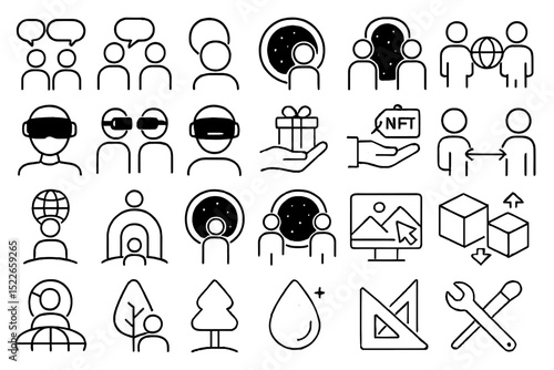 Collection of diverse icons representing digital interaction, technology, and creativity in various formats