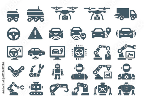 Various icons representing automated vehicles, drones, and robotic technology in a modern context