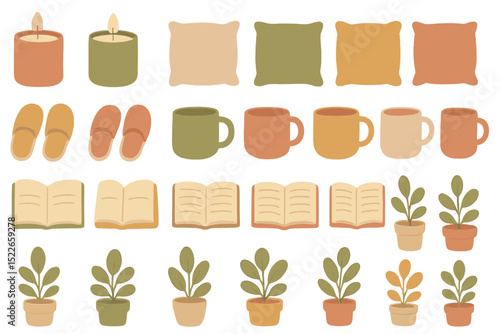 Cozy home decor items arranged with candles, cushions, mugs, slippers, and plants for a warm ambiance
