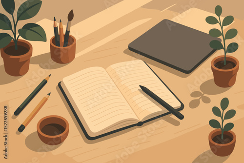 Cozy workspace with open notebook, pencils, and potted plants