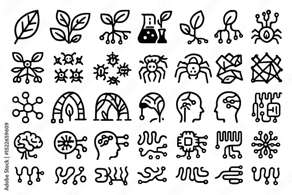 Unique collection of nature and science illustrations representing innovation and biology in a creative arrangement Unique collection of nature and science illustrations representing innovation and biology in a creative arrangement