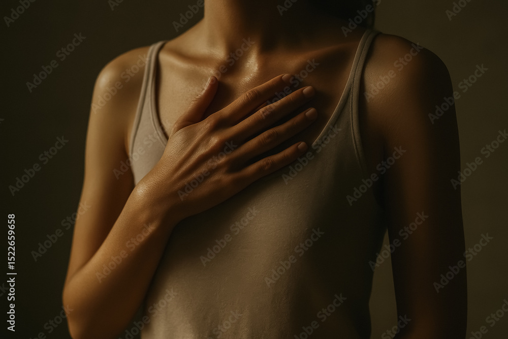Fototapeta premium Close-up of hand over heart on woman's chest in emotional moment, generative AI