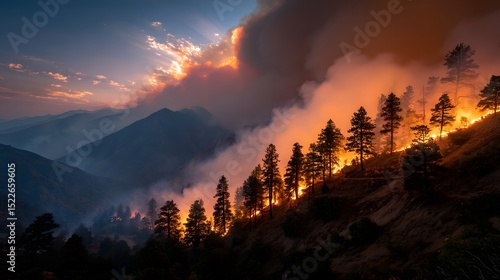 Majestic wildfires spreading across mountainous terrain emitting carbon dioxide and raising concerns for environmental health