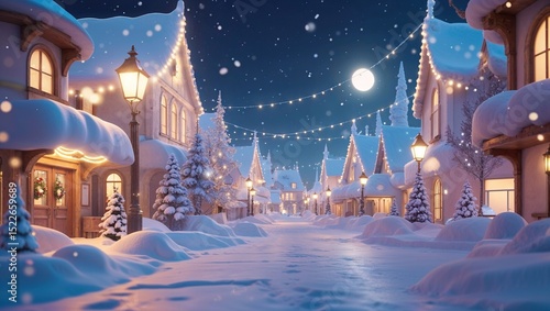A quaint village comes alive during Christmas night, with soft snow blanketing the ground and rooftops. Twinkling lights adorn cozy houses, casting a warm glow under a clear starry sky