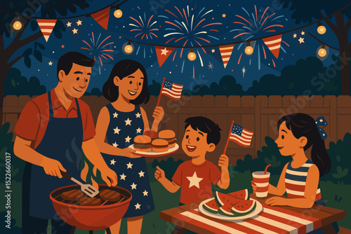 Family celebrating Independence Day with barbecue, fireworks, and festive activities in a backyard during a summer evening