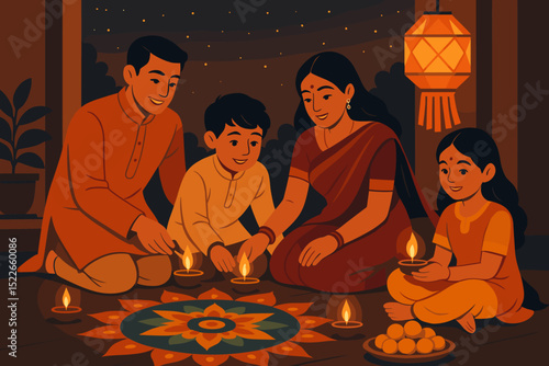 Family celebrates festival of lights together by decorating with diyas and rangoli in a cozy home setting
