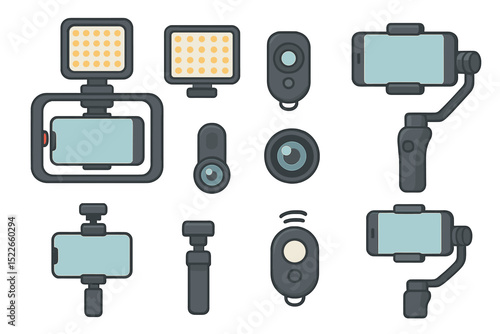 Variety of smartphone accessories for photography and videography displayed on a white background