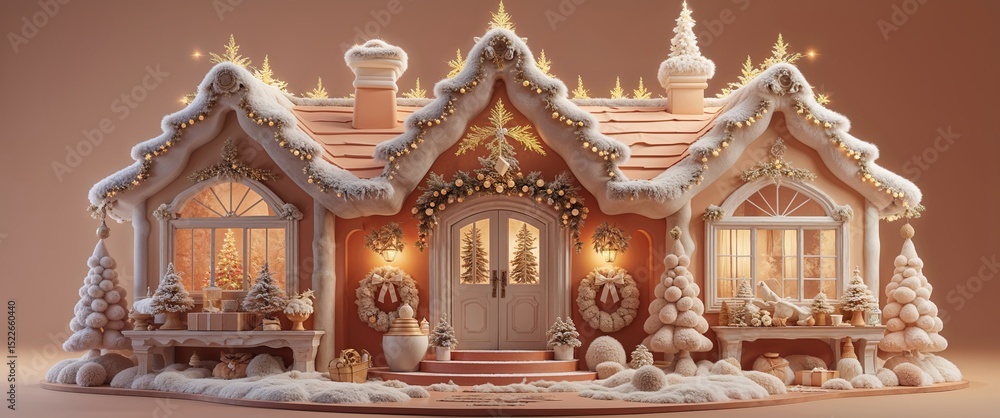 Fototapeta premium A delightful house showcasing a minimalist Christmas theme, adorned with snow, twinkling lights, and tasteful ornaments. Surrounded by a serene winter landscape, it evokes warmth and holiday cheer