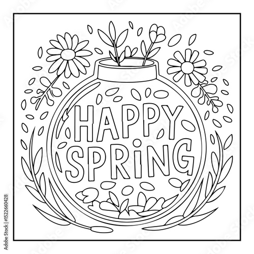 happy spring jar with flowers cartoon illustration coloring books