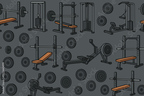 Collection of gym equipment in a modern fitness center showcasing diverse workout machines and weights for strength training
