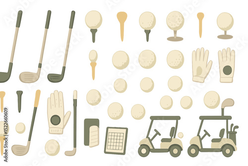 Golfing equipment and accessories arranged in a neat pattern showcasing clubs, balls, tees, gloves, carts, and scorecards