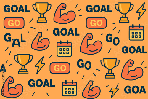 Creative pattern featuring trophies, muscles, and motivational phrases in vibrant colors for sports and fitness enthusiasts