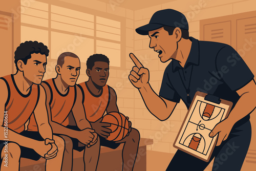 Coach instructs basketball players in a locker room before a crucial game showing teamwork and strategy