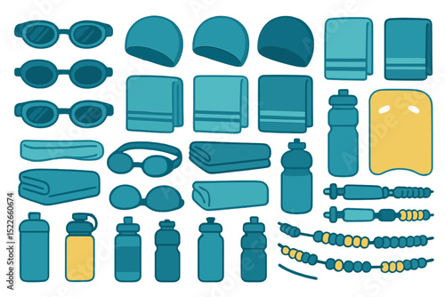 Seamless swim gear pattern with goggles, caps, and kickboards