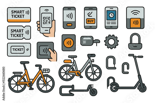 Modern smart mobility icon set with bikes, scooters, and digital tickets