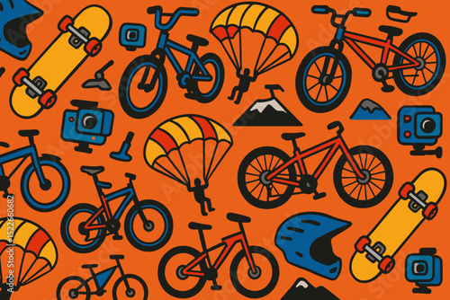 Seamless action sports pattern with bikes, parachutes, and cameras