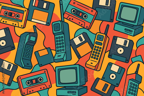Retro tech pattern with cassette tapes, floppy disks, and old electronics