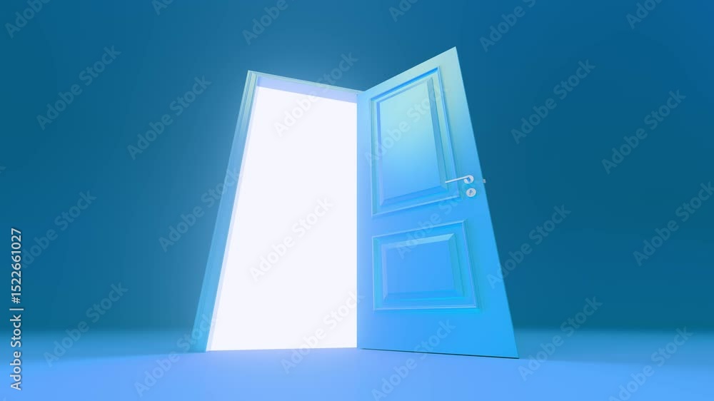 Turquoise door gradually parting, unveiling bright white luminescence against uniform blue backdrop, symbolizing potential breakthrough and transformative journey toward unseen possibilities Turquoise door gradually parting, unveiling bright white luminescence against uniform blue backdrop, symbolizing potential breakthrough and transformative journey toward unseen possibilities