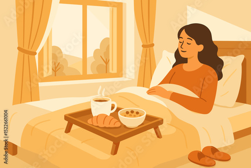 Relaxed woman having breakfast in bed on a sunny morning