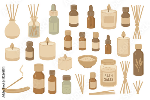 Seamless pattern of aromatherapy items including candles and oils