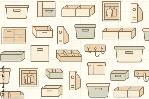 Pattern of storage bins, boxes, drawers, and organizational tools.