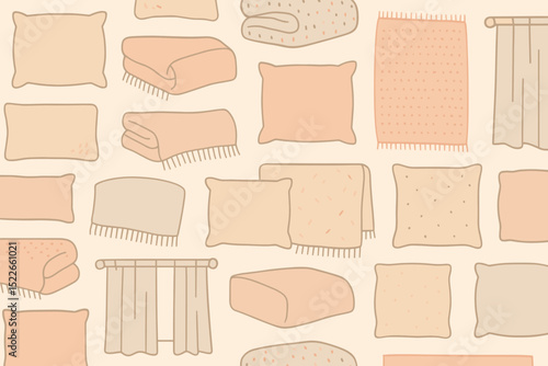 Seamless pattern of cozy pillows, blankets, and curtains in soft tones