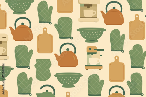Pattern of kitchen tools with teapot, mitts, and coffee maker.