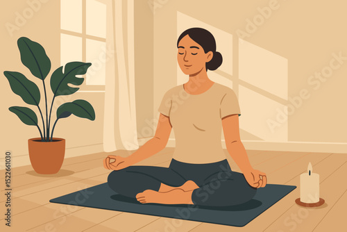 Woman practicing meditation in a calm indoor space with a plant and candle.