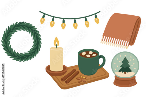 Warm holiday scene with hot cocoa, candlelight, wreath, and snow globe