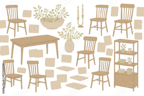 Minimalist home furniture icons including chairs, table, shelves, and plants