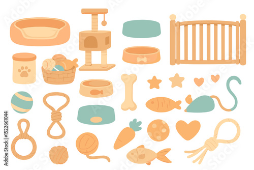 Colorful pet toys, bedding, feeding bowls, and treats for playful pets, including a scratching post and playful accessories.