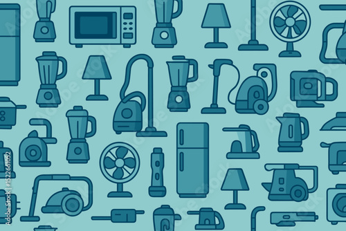 Household appliances and home electronics icons in a seamless pattern
