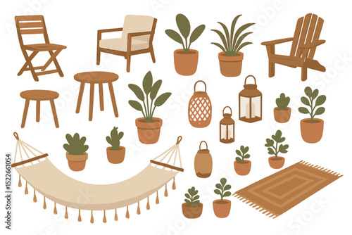 Cozy outdoor furniture and decor, including chairs, hammock, plants, and lanterns.