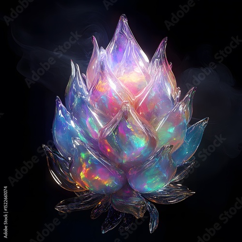 Luminous Crystal Flower with Iridescent Sheen on Dark Background