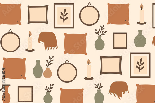 Seamless cozy home pattern with pillows, mirrors, vases, and candles